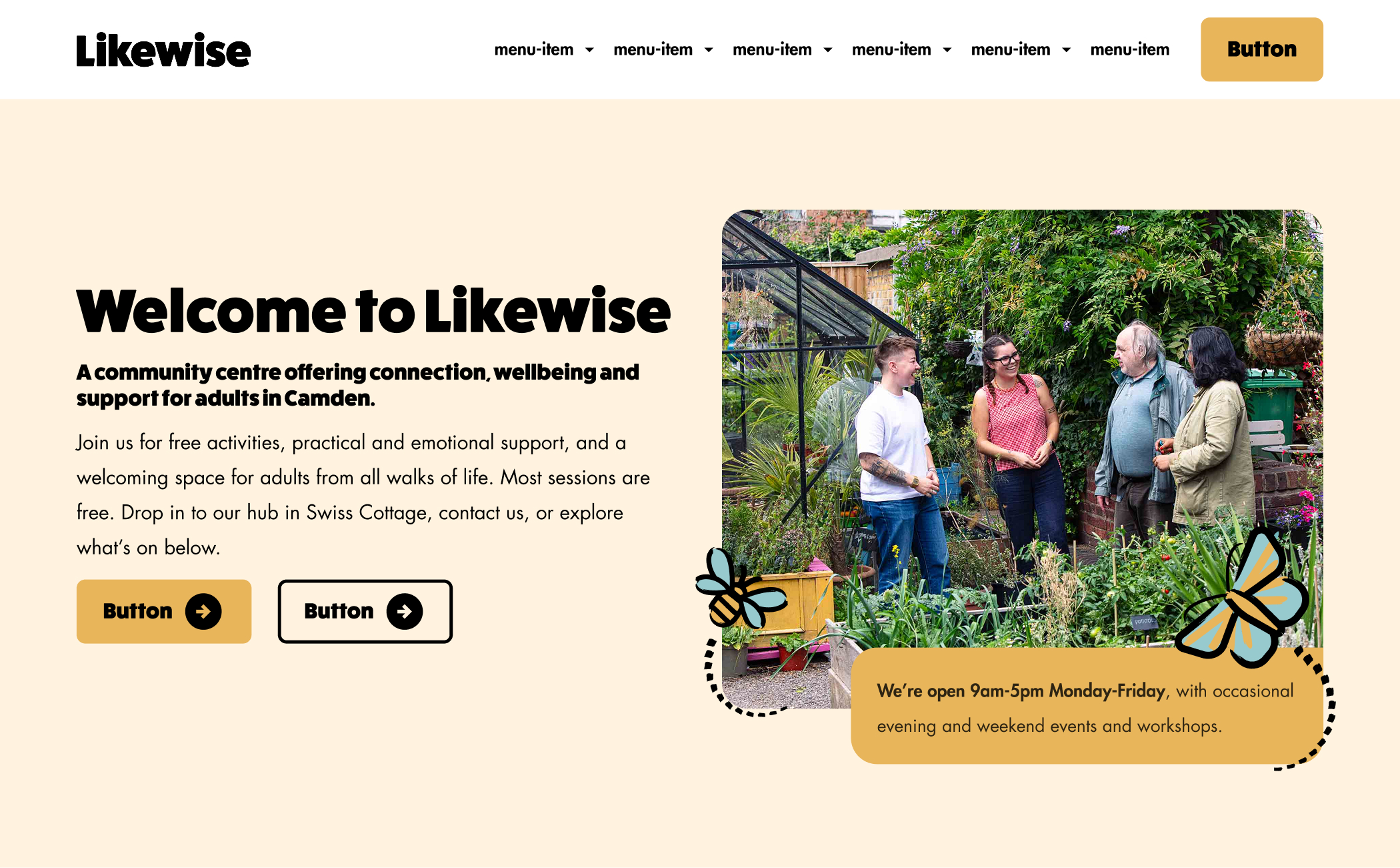 Redesigned Likewise homepage stating who the centre serves and what's free